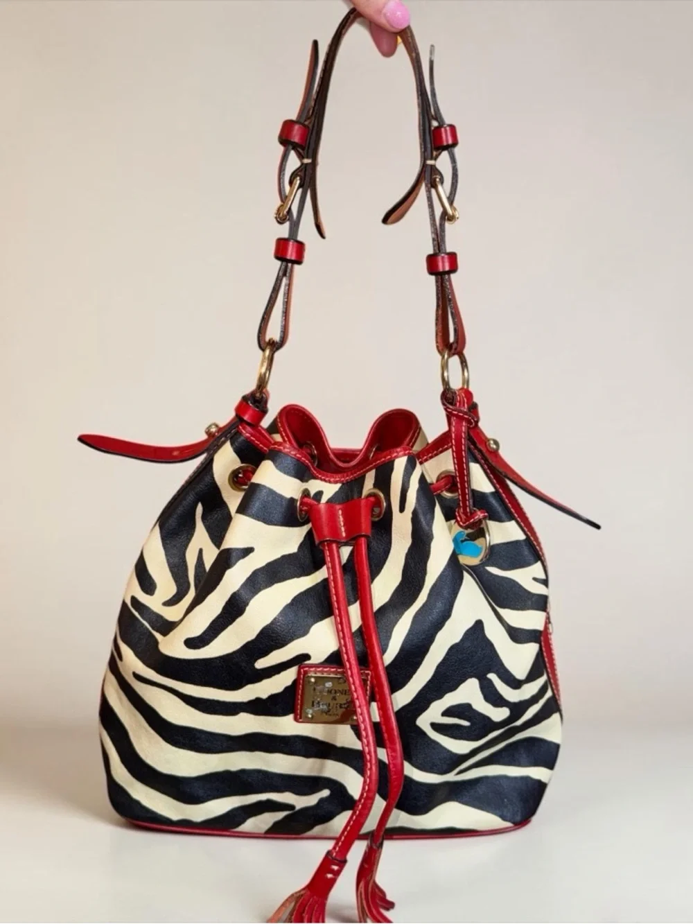 Dooney & Bourke Red Trim Zebra-Print Drawstring Bucket Bag